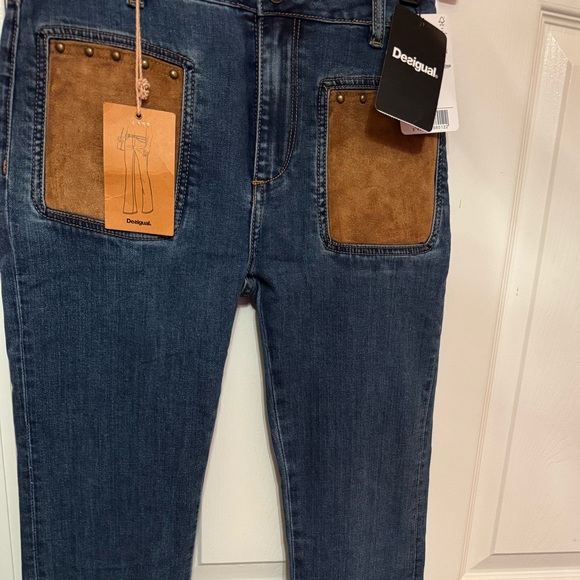 Desigual Blue and Brown Flare Jeans with Floral Embroidery - Picture 1 of 5
